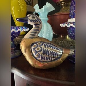 Hand-Painted Ceramic Pottery & Brass Decorative Duck Figurine